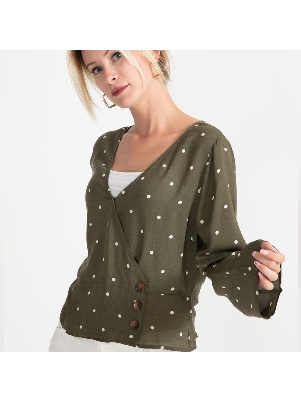 Abercrombie & Fitch Olive Green & White Polka Dot Long sleeve Wrap Blouse-size S